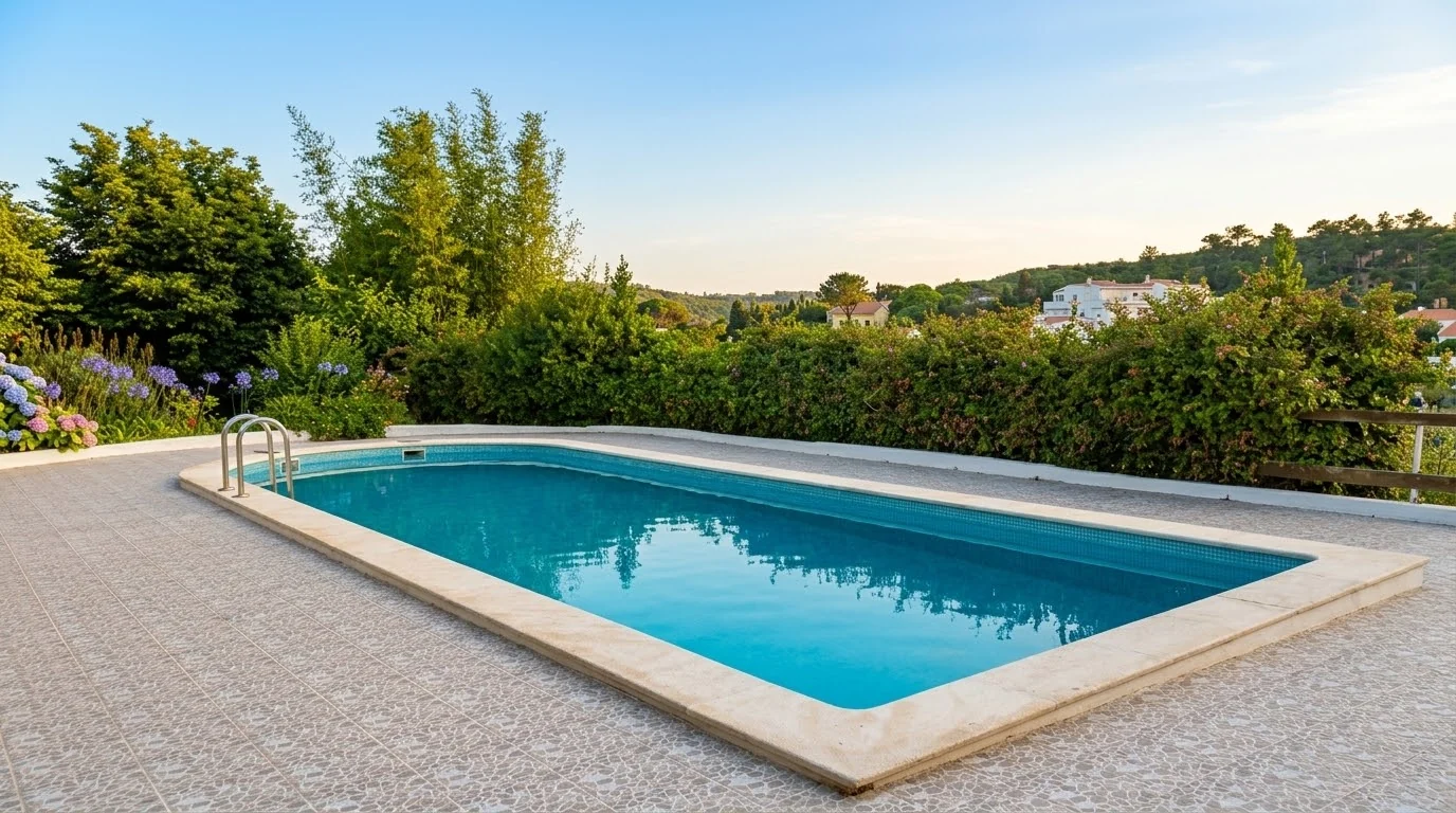 A piscina entre sebes e flores, com as colinas ao fundo