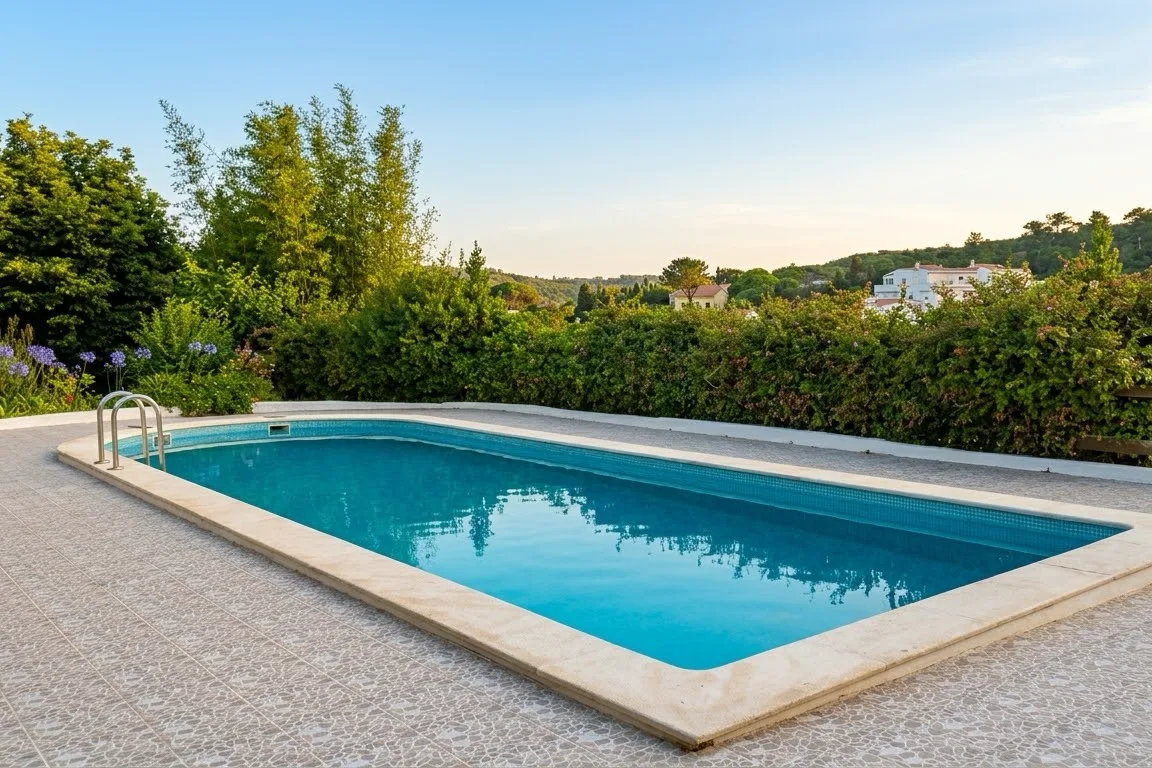 A piscina entre sebes e flores, com as colinas ao fundo